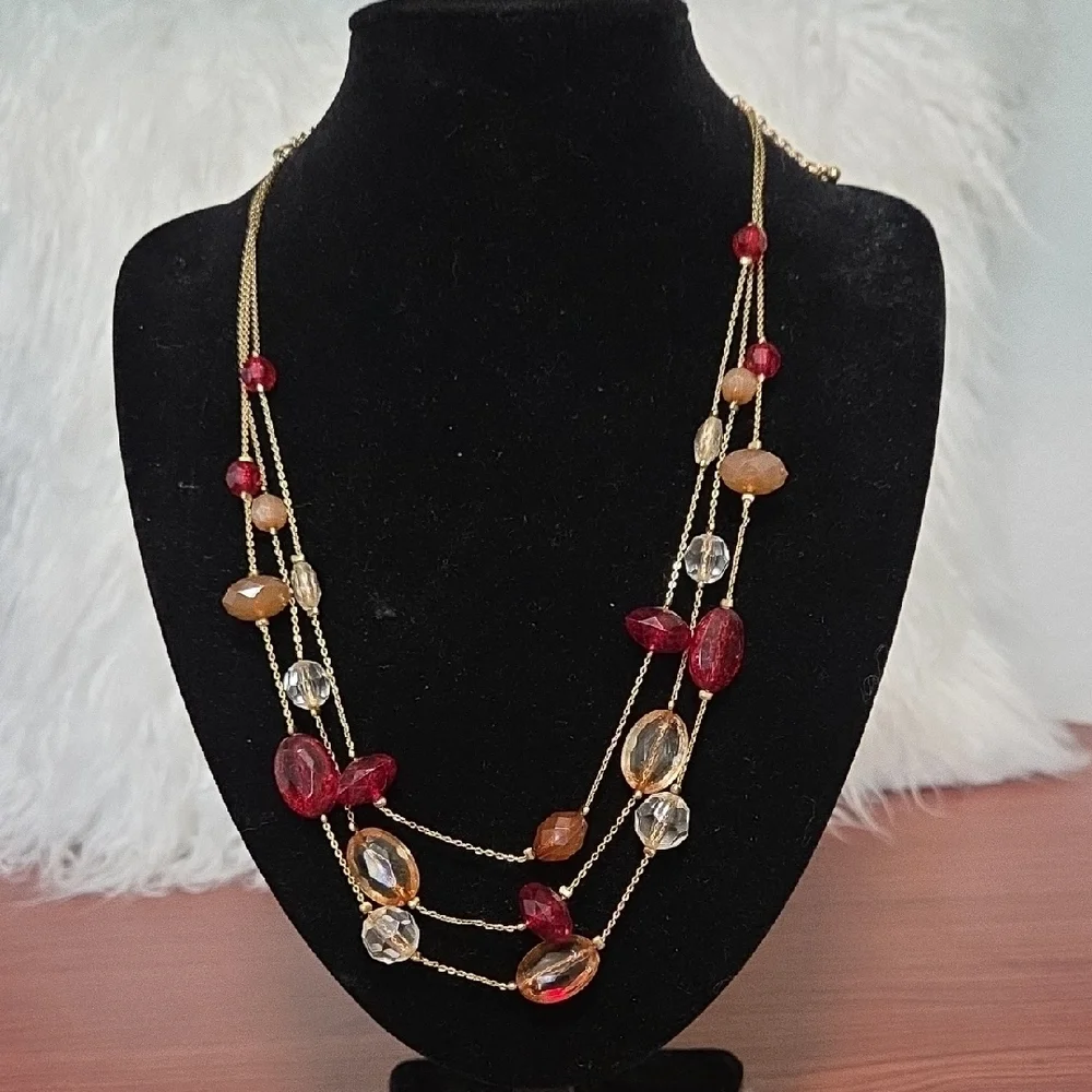 Chic Multi-Strand Necklace with Red and Gold Beads